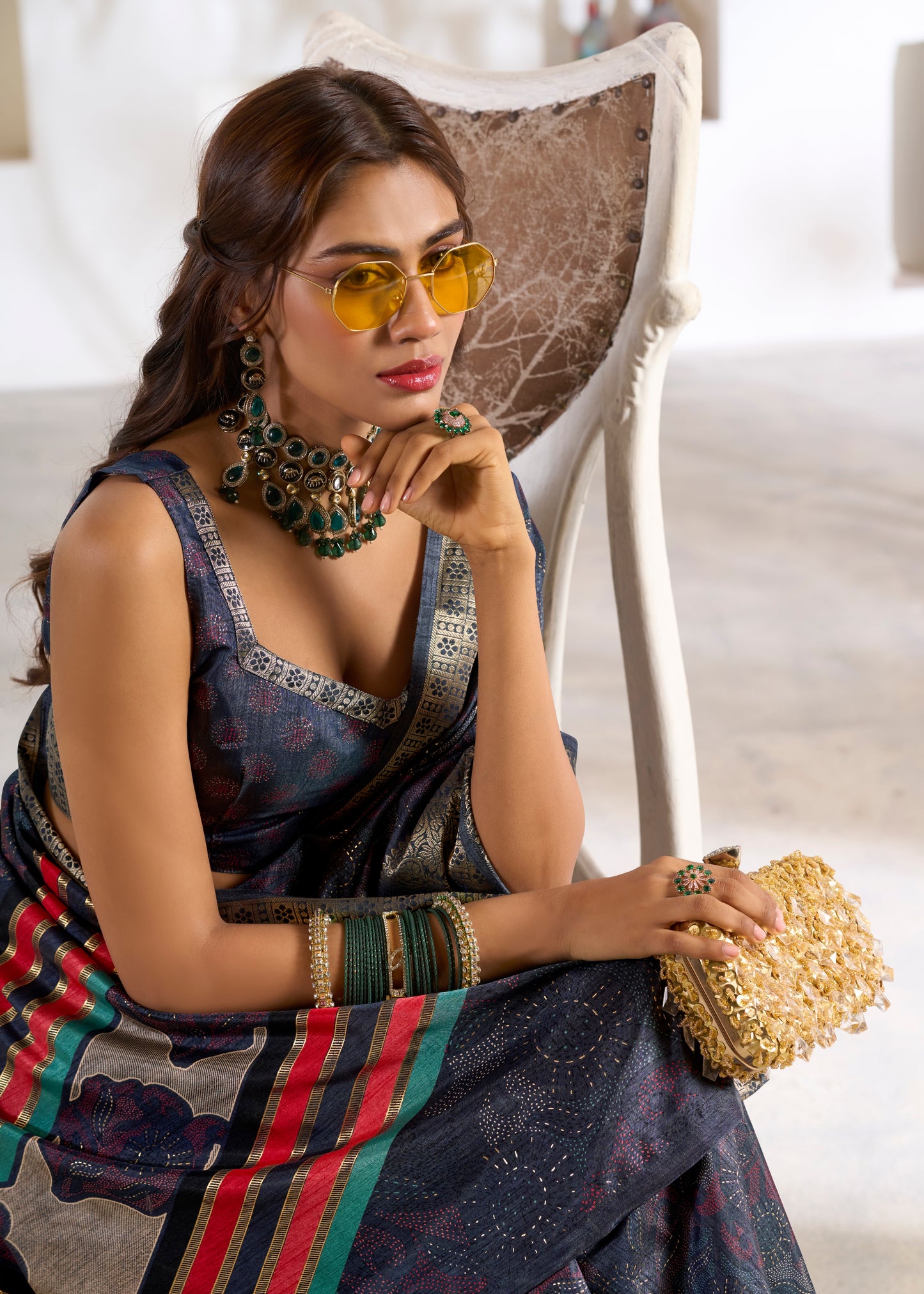 Blue Foli Print Soft Dola Silk Saree