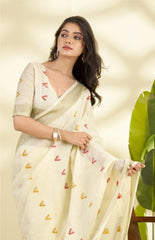 Beige Handloom-Style Weaving Linen Silk Saree