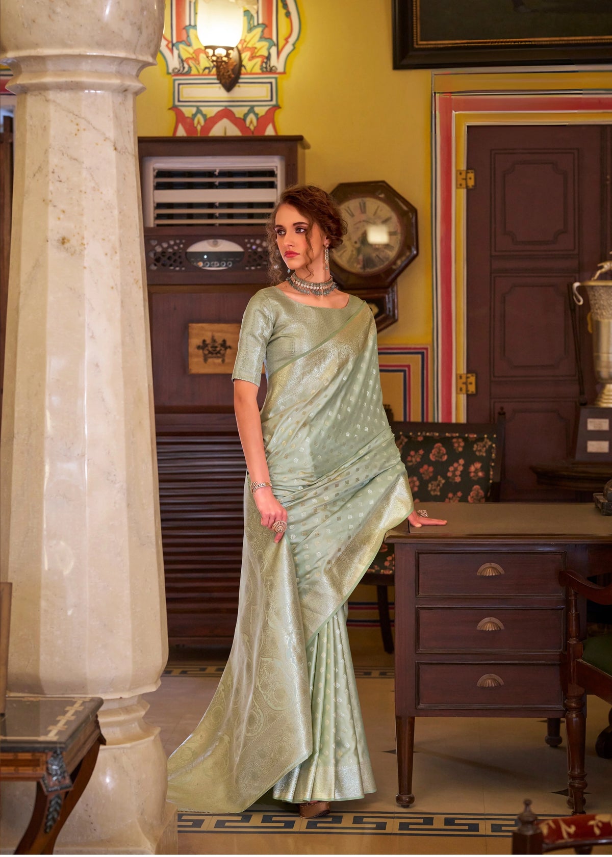 Gray Embroidery Work Satin Banarasi Silk Saree