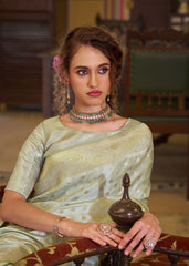 Gray Embroidery Work Satin Banarasi Silk Saree