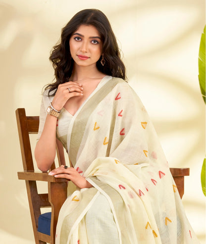 Beige Handloom-Style Weaving Linen Silk Saree