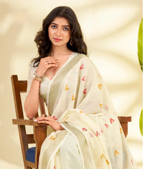Beige Handloom-Style Weaving Linen Silk Saree