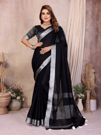 Black Zari Border Soft Linen Cotton Saree