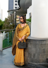 Mustard Yellow Zari Woven Border Linen Tissue Silk Saree