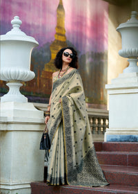 Beige Ajrakh Woven Tissue Linen Saree