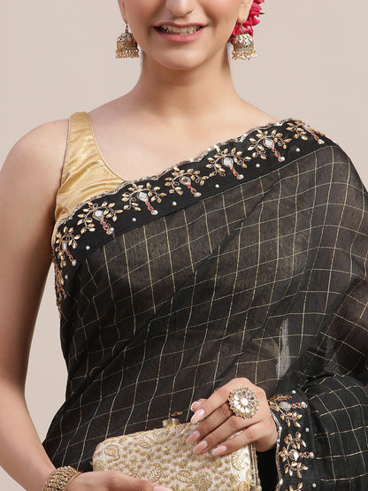 Black Designer Art Silk Saree with Embroidery Detailing 