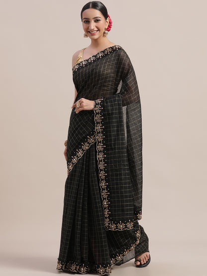 Black Designer Art Silk Saree with Embroidery Detailing