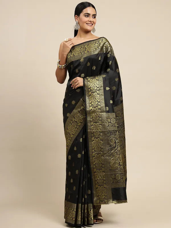 Black Soft Lichi Silk Saree with Rich Pallu & Intricate Golden Jacquard Work