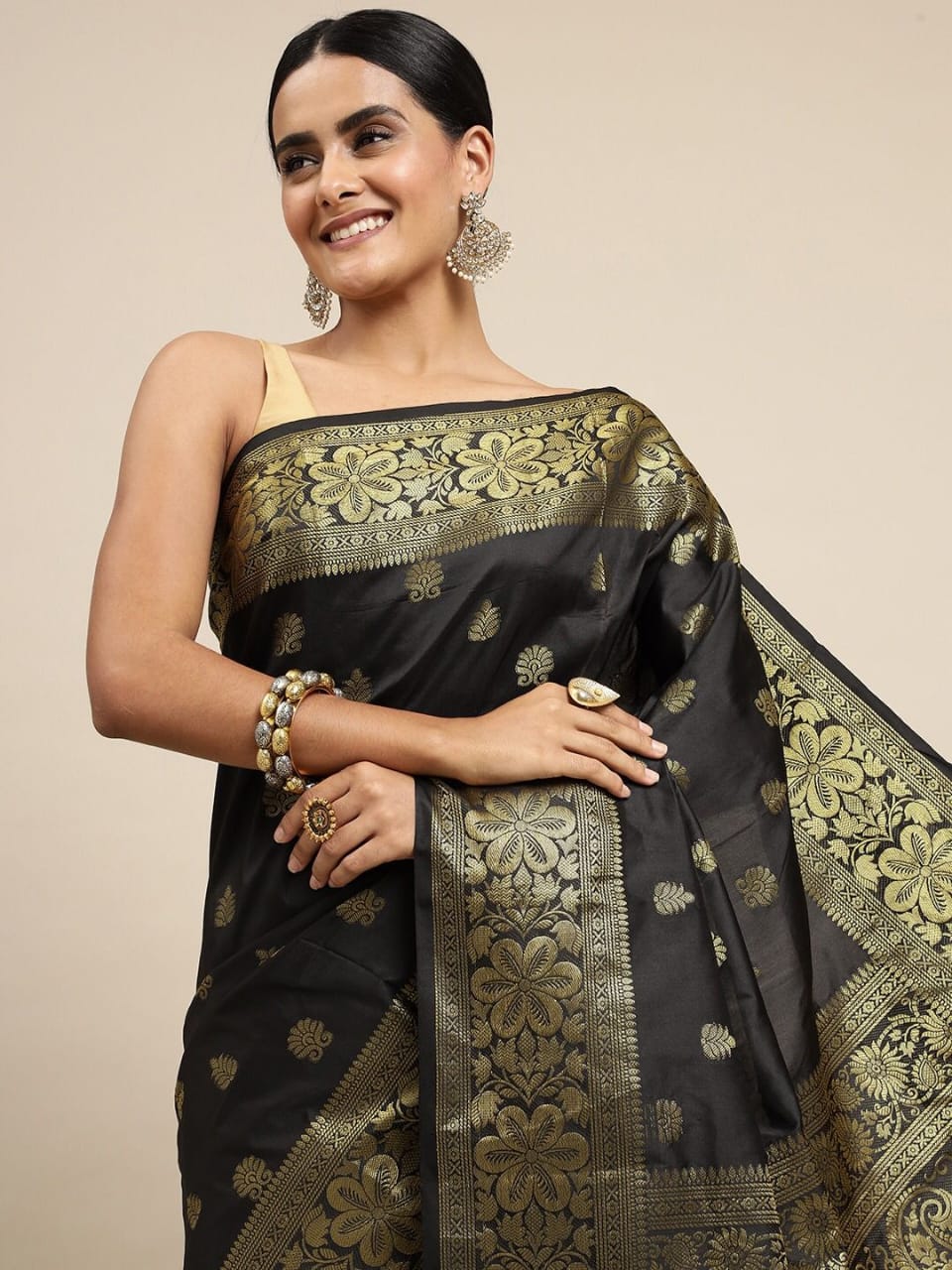 Black Soft Lichi Silk Saree with Rich Pallu & Intricate Golden Jacquard Work