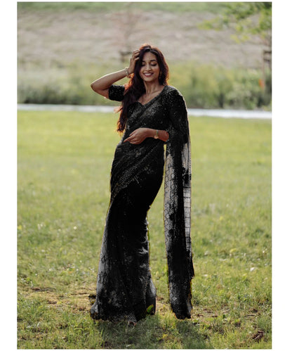 Stunning Soft Net Saree with Intricate Sequins Embroidery