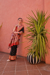 A woman models a striking black and red Banarasi Silk Saree. The saree is black with intricate Zari weaving across the body and features a wide, ornate red/gold Zari woven border and pallu. She pairs it with a short-sleeve red blouse and heavy traditional gold jewelry.