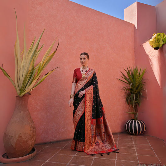 A woman models a striking black and red Banarasi Silk Saree. The saree is black with intricate Zari weaving across the body and features a wide, ornate red/gold Zari woven border and pallu. She pairs it with a short-sleeve red blouse and heavy traditional gold jewelry.