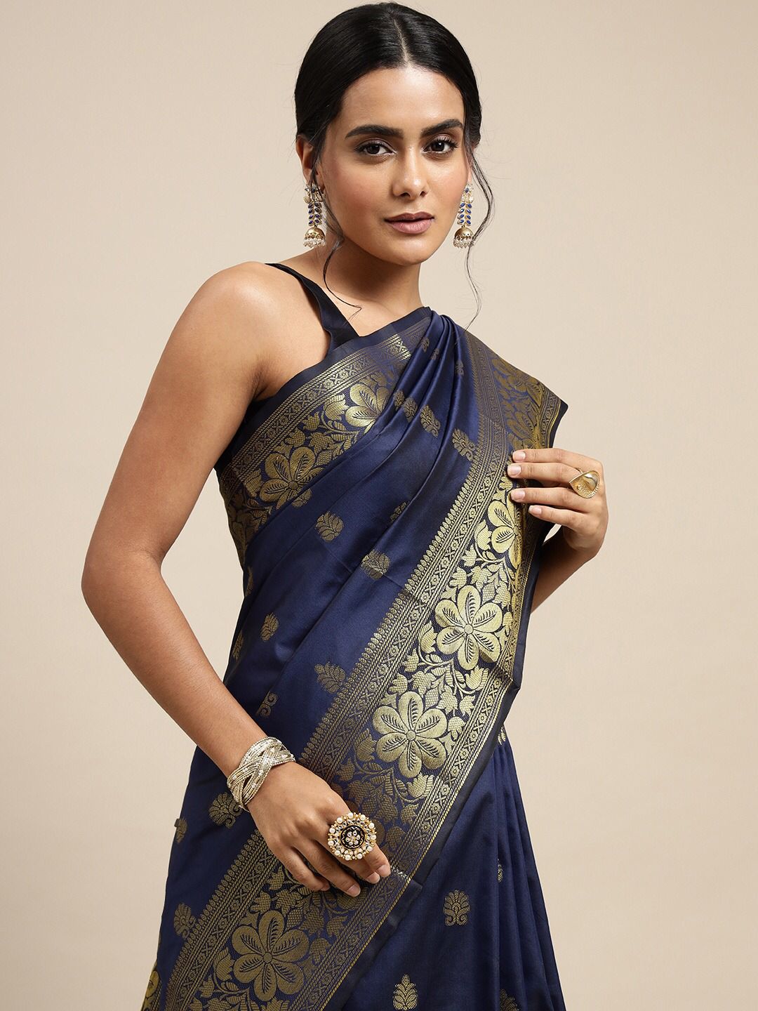 Blue Soft Lichi Silk Saree with Stunning Golden Pallu & All-Over Jacquard Design