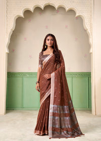 Brown Ikat Woven Linen Silk Saree
