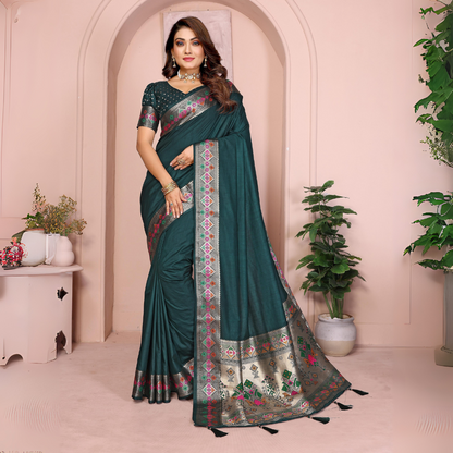 Woman wearing a rich teal green silk saree with an ornate multicolor ethnic border and pallu featuring traditional motifs in pink, silver, and green. The saree is paired with a matching short-sleeve blouse adorned with intricate embellishments. She accessorizes with a statement choker necklace, bangles, and rings, posing elegantly in a pastel arched studio with potted green plants, minimalist decor, and a white side table.