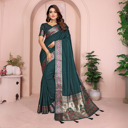 Woman wearing a rich teal green silk saree with an ornate multicolor ethnic border and pallu featuring traditional motifs in pink, silver, and green. The saree is paired with a matching short-sleeve blouse adorned with intricate embellishments. She accessorizes with a statement choker necklace, bangles, and rings, posing elegantly in a pastel arched studio with potted green plants, minimalist decor, and a white side table.