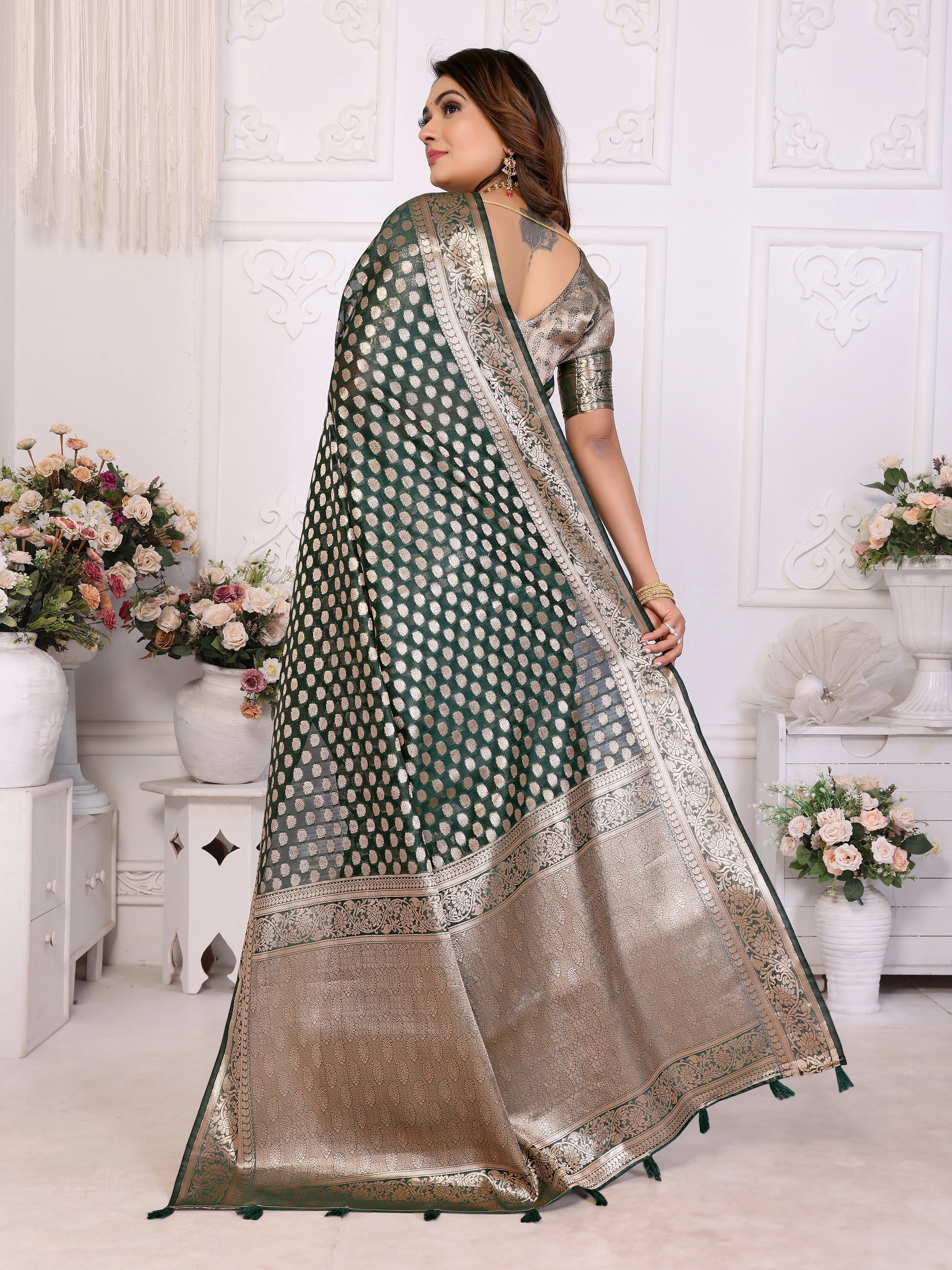 Woman wearing a green and beige saree with a white background