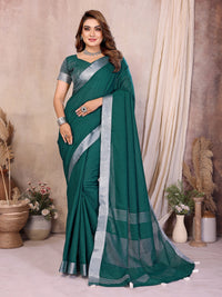 Dark Green Zari Border Soft Linen Cotton Saree