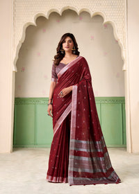 Dark Maroon Ikat Woven Linen Silk Saree