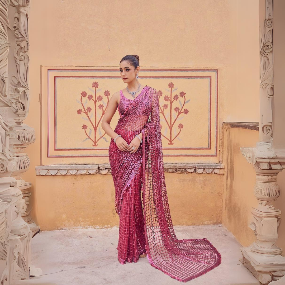 Dazzling Net Saree with Sequins Embroidery – Perfect for Traditional 