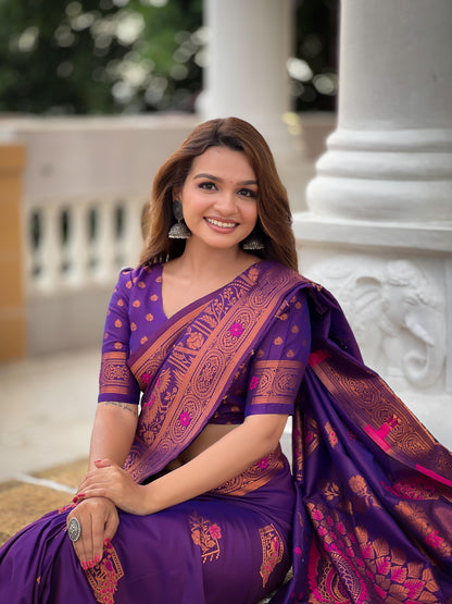 Traditional Silk Saree with Zari and Meenakari Weaving, Peacock Border & Tassel