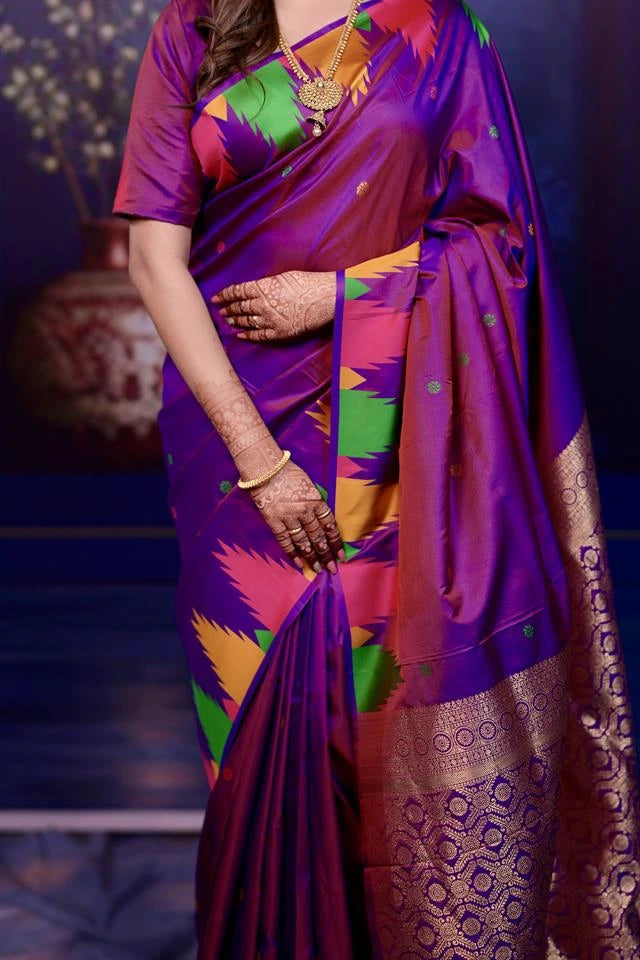 Person wearing a vibrant purple saree with colorful patterns on a dark background
