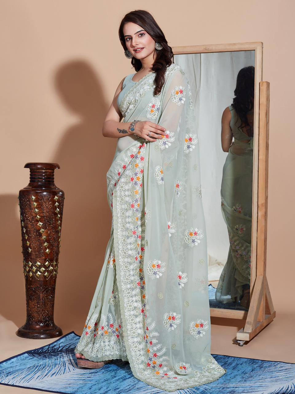 Designer Georgette Saree with Multi-Color Embroidery 