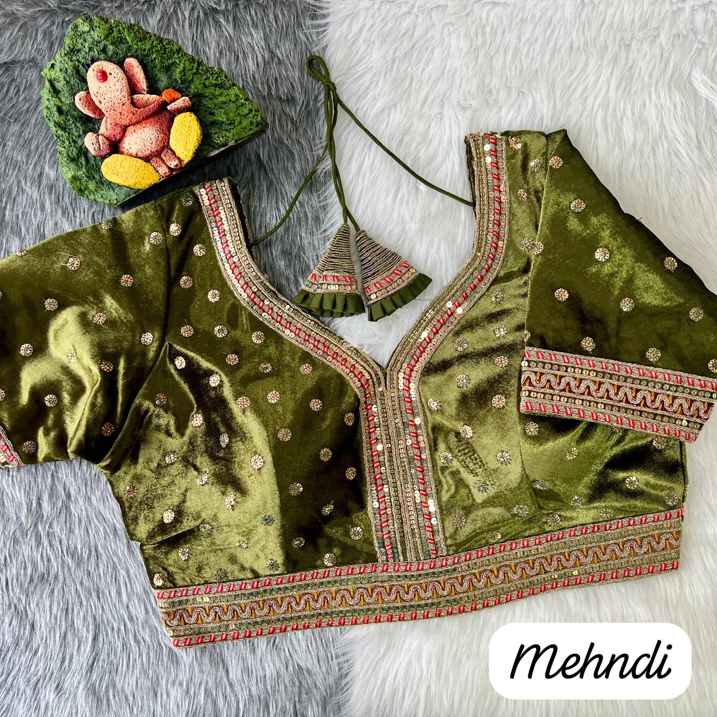 Designer Green Velvet Blouse with Zari Embroidery and Glitter