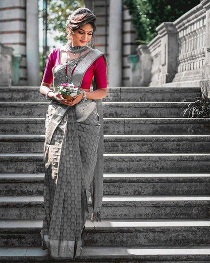 Designer Soft Lichi Silk Saree with Silver Jacquard Work – Ethnic Wear