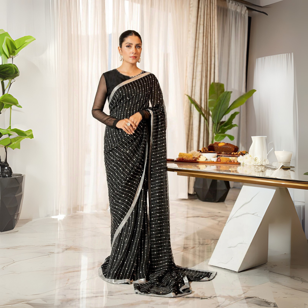 Elegant Black Georgette Saree with Beautiful Sequance Embroidery and Lace Border