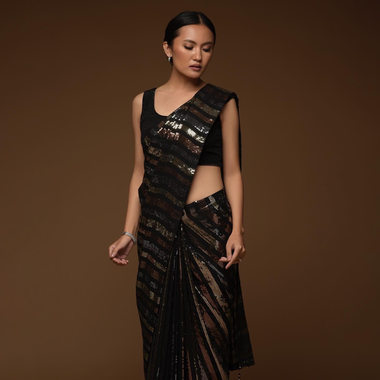 Elegant Black Georgette Saree with Triple Sequence Embroidery