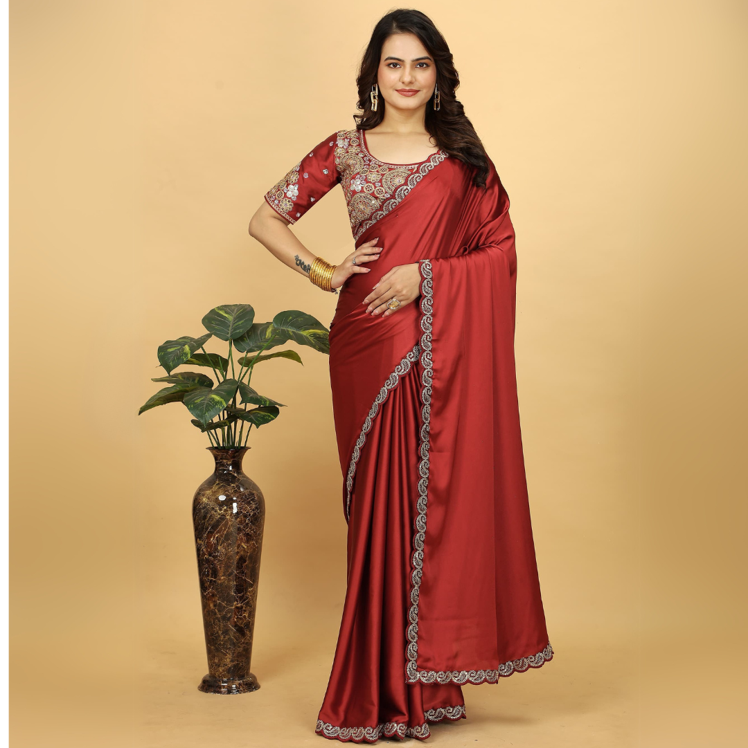 Elegant Japan Satin Saree with Intricate Coding Lace Work