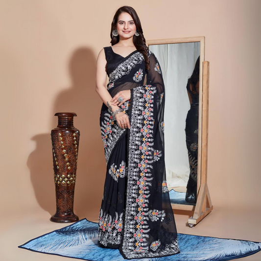 Elegant Light Blue Georgette Saree with Embroidery Work