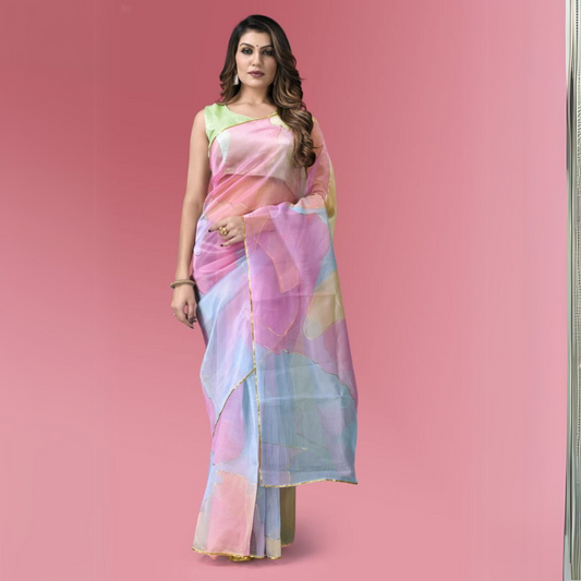 Elegant Organza Saree with Digital Print, Sequins Lace, and Foil Work 