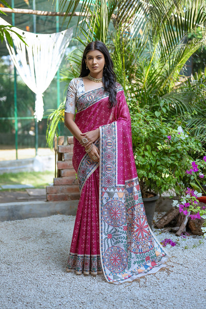 Elegant Soft Tussar Silk Saree with Madhubani Print Pallu