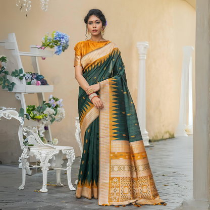 Elegant Tussar Silk Saree with Temple Woven Border & Small Butti