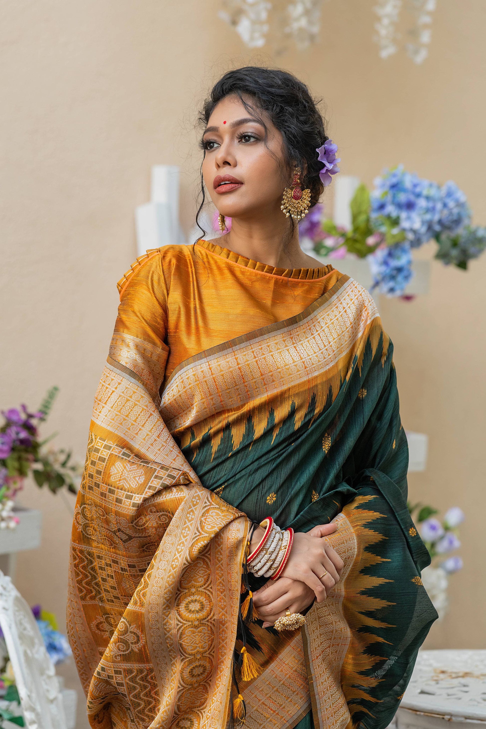 Elegant Tussar Silk Saree with Temple Woven Border