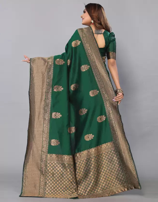 Designer Dark Green Soft Lichi Silk Saree with All-Over Jacquard Detailing & Luxurious Pallu