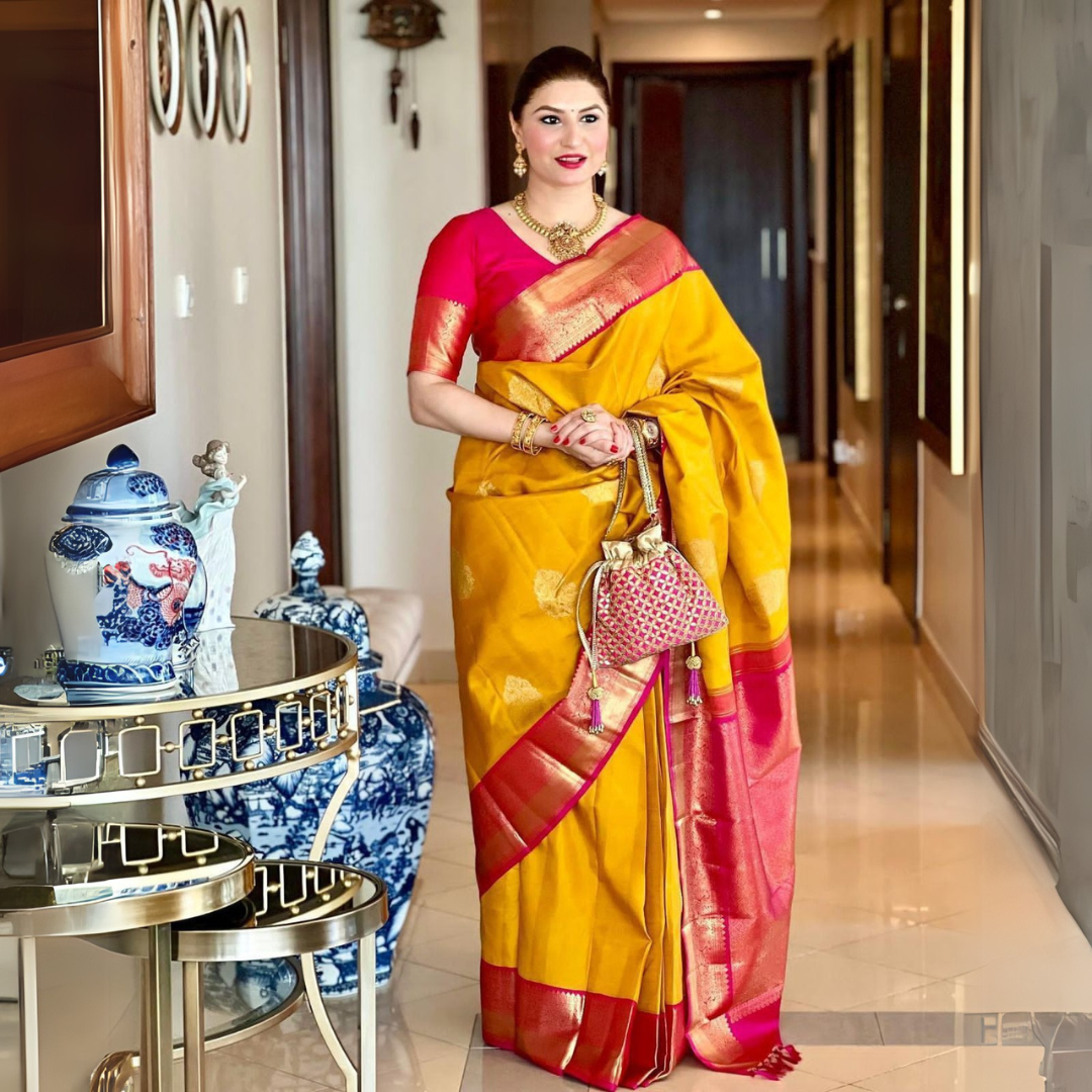 Golden Yellow Soft Lichi Silk Saree with Rich Pink Pallu & Jacquard Work