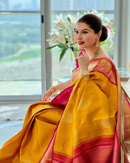 Golden Yellow Soft Lichi Silk Saree with Rich Pink Pallu & Jacquard Work