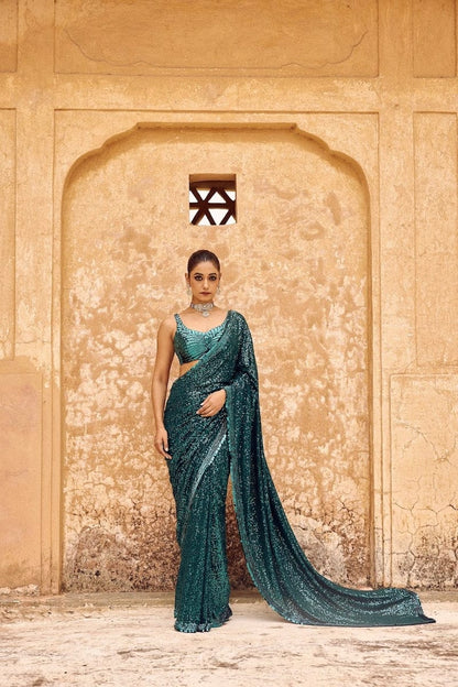 Gorgeous Green Georgette Saree with Khichdi Sequence 