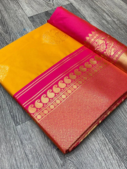 Graceful Golden Yellow Lichi Silk Saree with Designer Jacquard