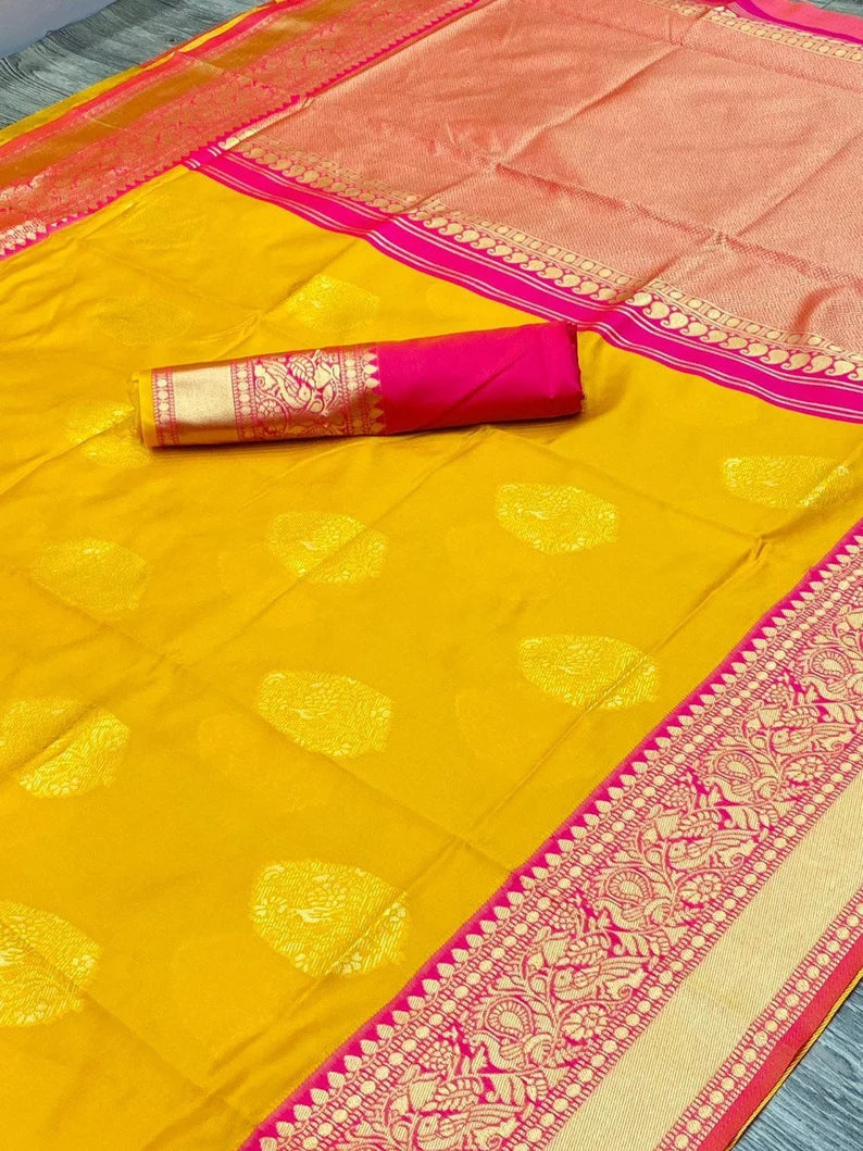 Graceful Golden Yellow Lichi Silk Saree with Designer Jacquard Patterns