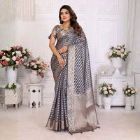 Gray Gold Zari Weaving Soft Organza Banarasi Silk Saree