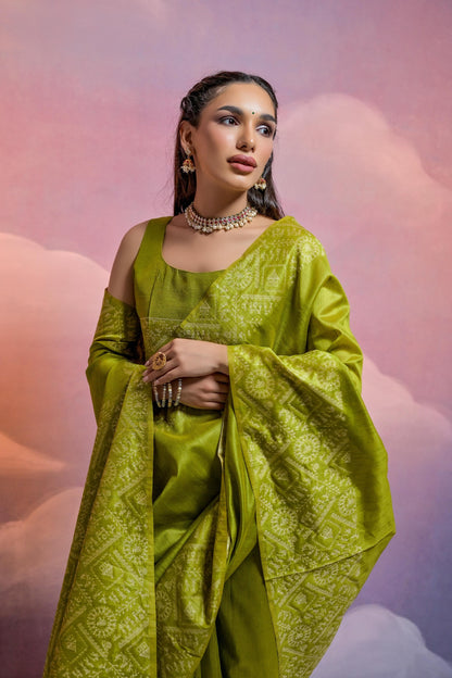 Green Banglori Raw Silk Saree with Warli 