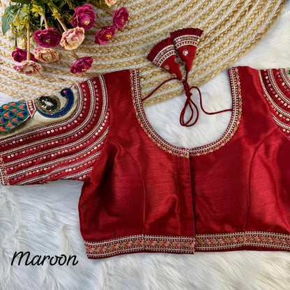 Handcrafted Maroon Italian Silk Blouse with Stunning Peacock Embroidery