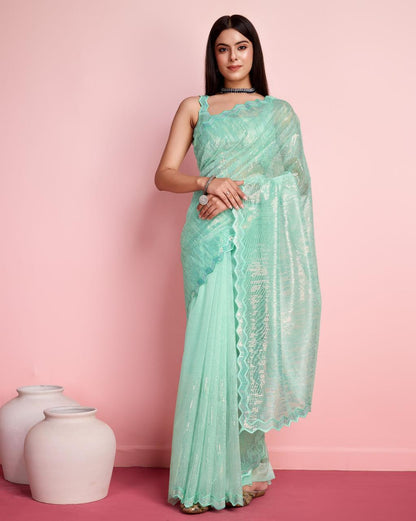 Soft Silver Twill Net Striped Pattern Embroidery Saree