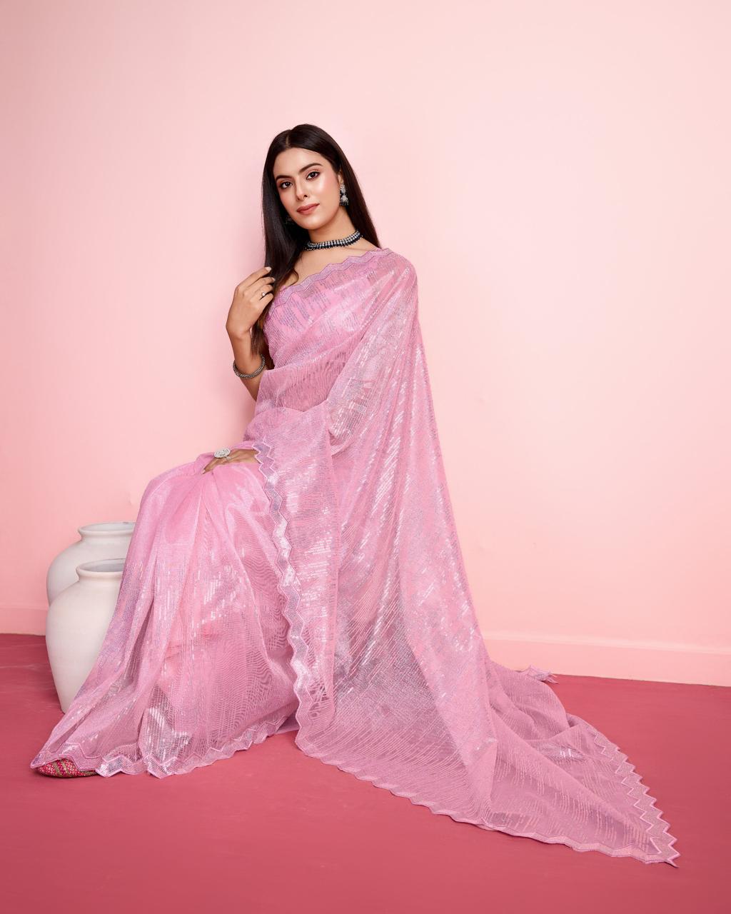 Soft Silver Twill Net Striped Pattern Embroidery Saree