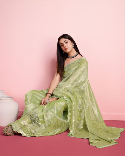 Soft Silver Twill Net Striped Pattern Embroidery Saree