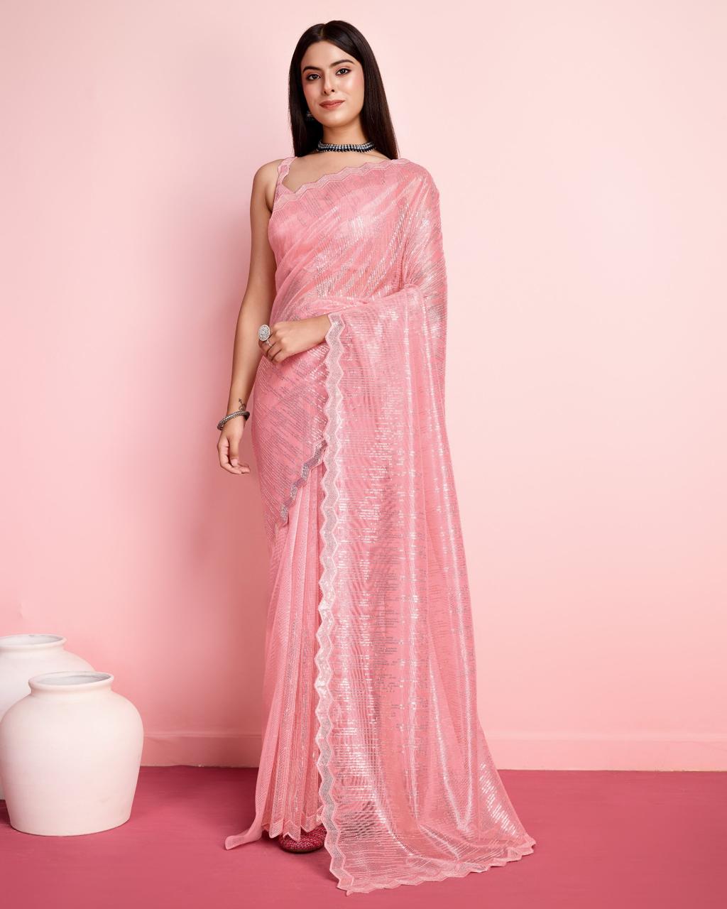 Soft Silver Twill Net Striped Pattern Embroidery Saree